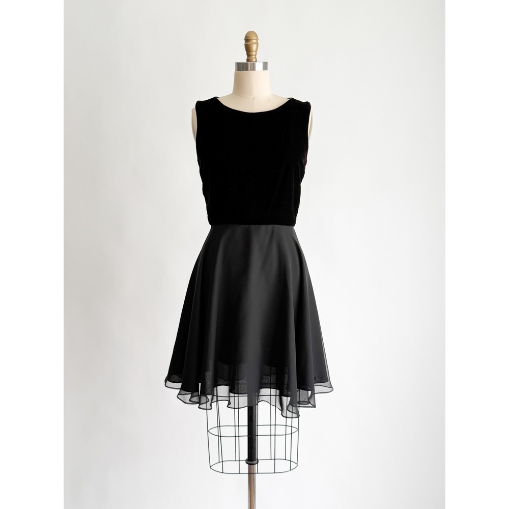 Kenar Velvet Chiffon‎ Cocktail Dress Vintage 4 Black Sleeveless Mini LBD